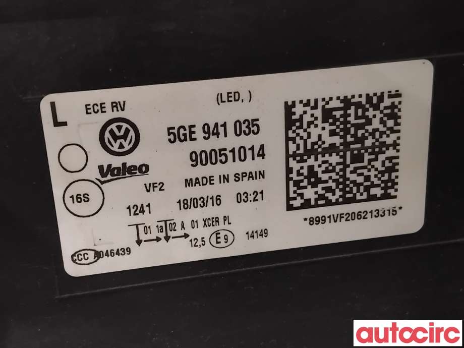 Frontlykt venstre halogen til VW e-Golf 2014-2017 (Fase 1) (VOLKSWAGEN|5GE941773|90051014|5GE941035)