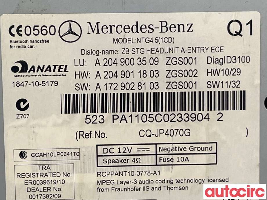 Bilstereo til Mercedes C-Klasse 2011-2014 (Fase 2) (W204) (W204) (MERCEDES|A2049007906|A2049003509)