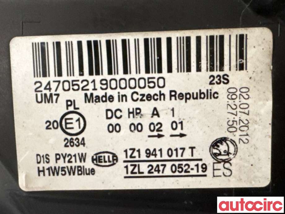Frontlykt venstre halogen til Škoda Octavia 2009-2013 (Type II, Fase 2)  (SKODA|1Z1941017T|)