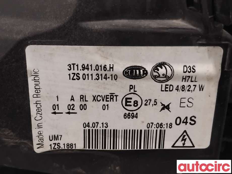 Frontlykt høyre xenon til Škoda Superb 2008-2015 (Type II) (SKODA|3T1941018H|1ZS011314-10|3T1941016H)