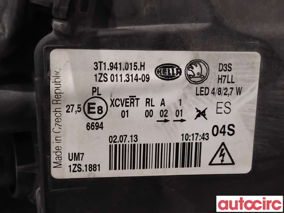 Frontlykt venstre xenon til Škoda Superb 2008-2015 (Type II)  (SKODA|3T1941017H|1ZS011314-09|3T1941015H)