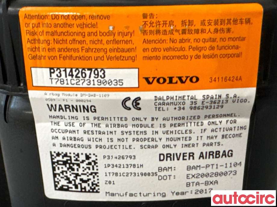 Airbag rattpute til Volvo V40 2012-2019 (VOLVO|31426793|)