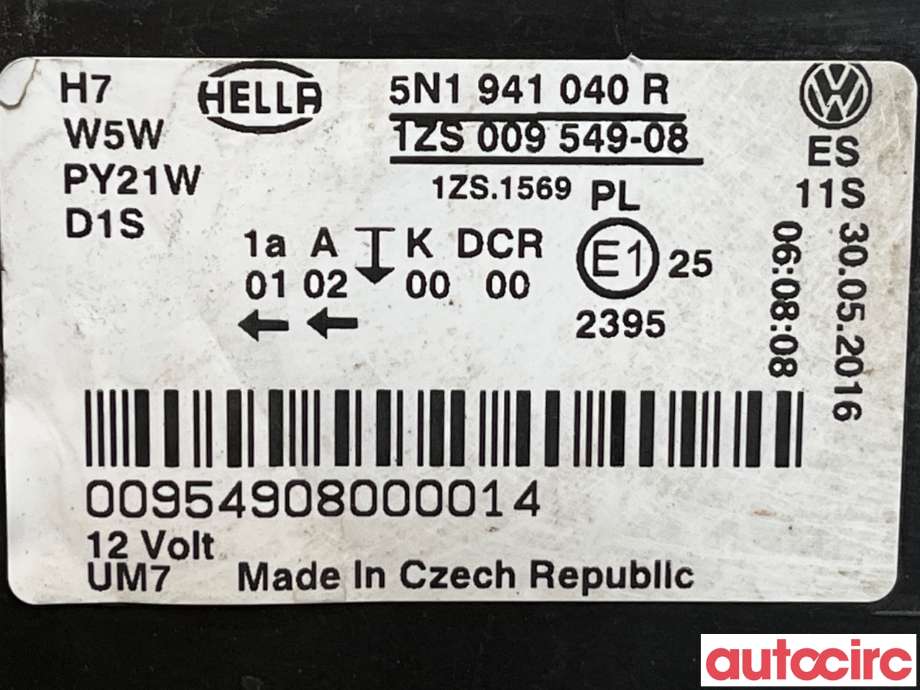 Frontlykt høyre xenon til VW Tiguan 2011-2016 (Type I, Fase 2)  (VOLKSWAGEN|5N1941040R)