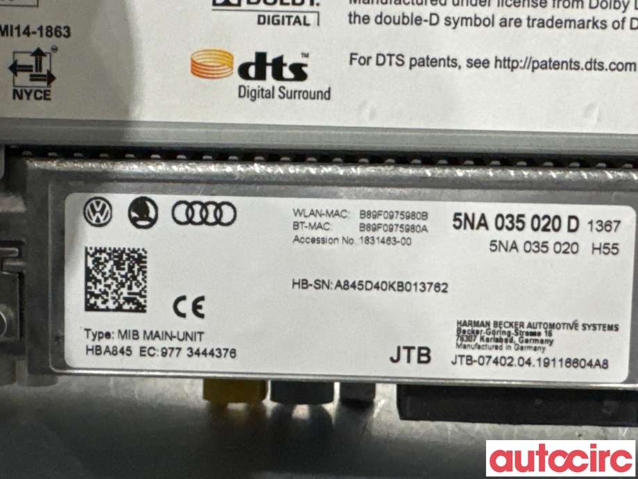 Bilstereo navigasjon til VW e-Golf 2017-2020 (Fase 2) (VOLKSWAGEN|5NA035020DX|HBA845|5NA035020D)