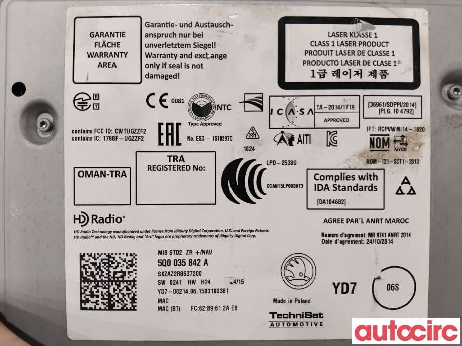 Bilstereo til Škoda Octavia 2013-2016 (Type III, Fase 1) (SKODA|5Q0035842A|)