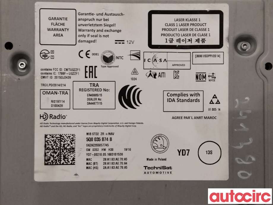 Bilstereo til Škoda Superb 2015-->> (Type III)  (SKODA|5Q0035874B|)