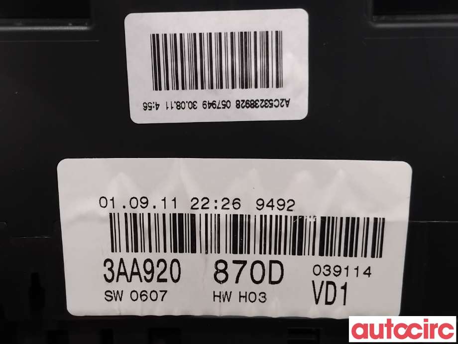 Instrumentpanel til VW Passat 2011-2015 (B7) (B7) (VOLKSWAGEN|3AA920870DX|A2C53238928|3AA920870D)