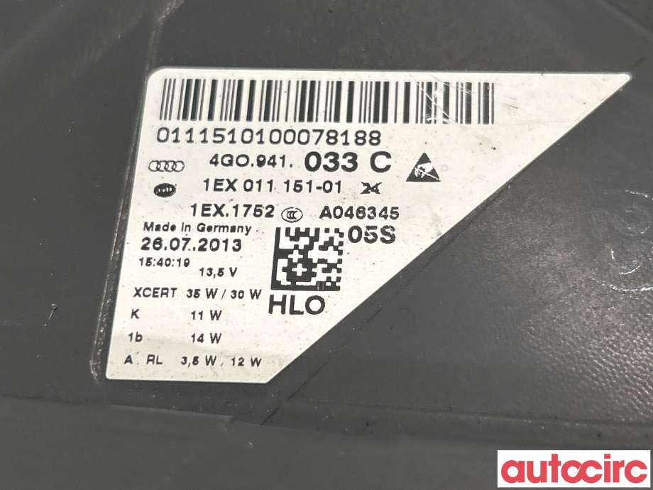 Frontlykt venstre halogen til Audi A6 2011-2014 (Type IV, Fase 1) (C7) (C7) (AUDI|4G0941773N|4G0941773C|4G0941033C)