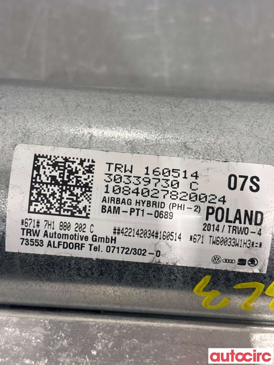 Airbag passasjer til VW Transporter / Caravelle 2009-2015 (Fase 2) (T5) (T5) (VOLKSWAGEN|7H1880202C|)