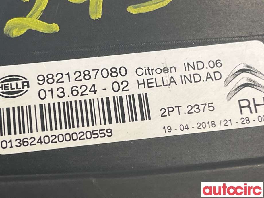 Frontlykt høyre halogen til Citroën C4, Cactus 2018-2021 (Fase 2)  (CITROEN|9821287080|)