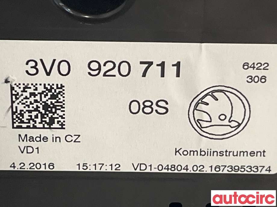 Instrumentpanel til Škoda Superb 2015-->> (Type III)  (SKODA|3V0920711|)