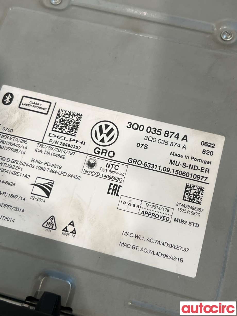 Bilstereo navigasjon til VW Passat 2015-2019 (Fase 1) (B8) (B8) (VOLKSWAGEN|3Q0035874A|)