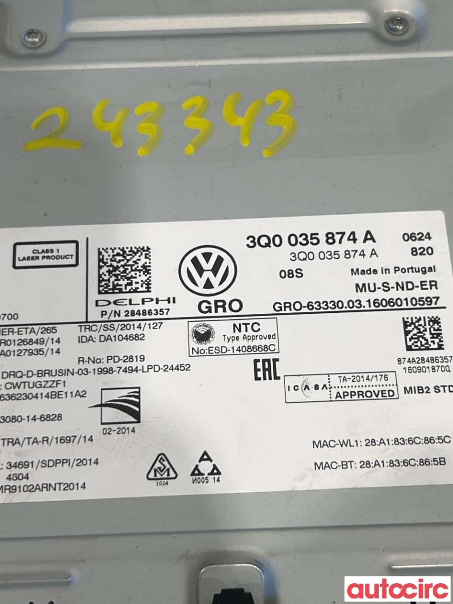 Bilstereo navigasjon til VW e-Golf 2014-2017 (Fase 1)  (VOLKSWAGEN|3Q0035874A|28486357)