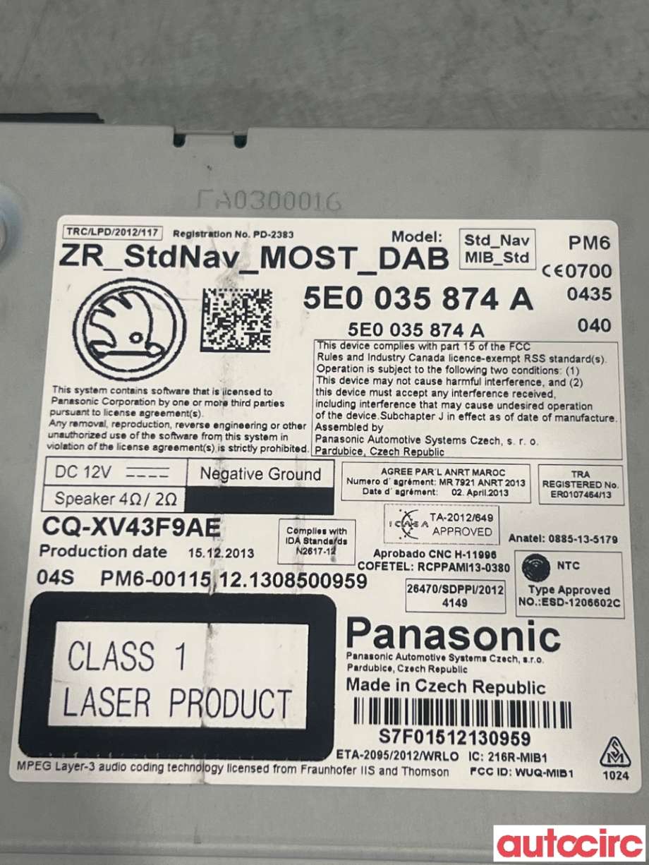 Bilstereo navigasjon til Škoda Octavia 2013-2016 (Type III, Fase 1)  (SKODA|5E0035874A|)