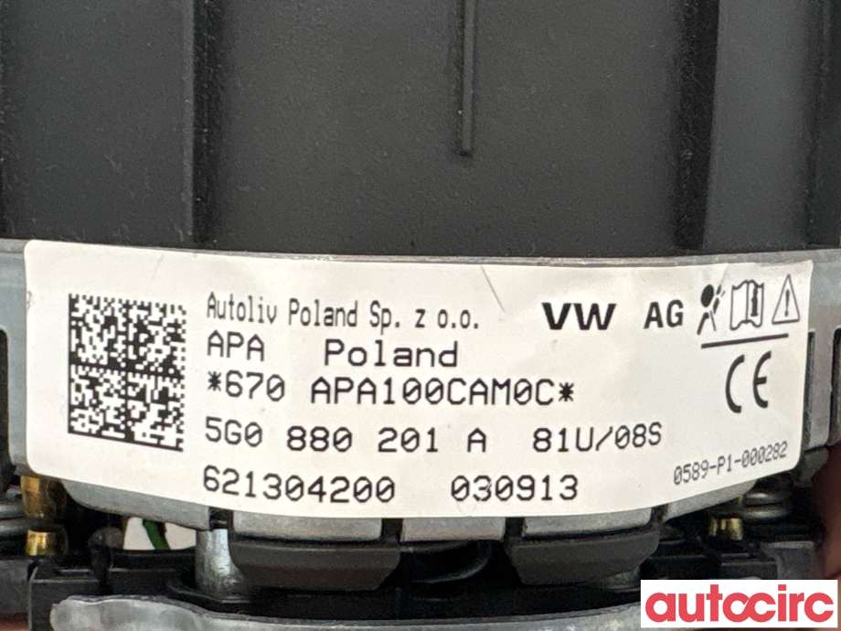Airbag rattpute til VW Golf VII 2012-2017 (Fase 1)  (VOLKSWAGEN|5G0880201Q|621304200|5G0880201A)