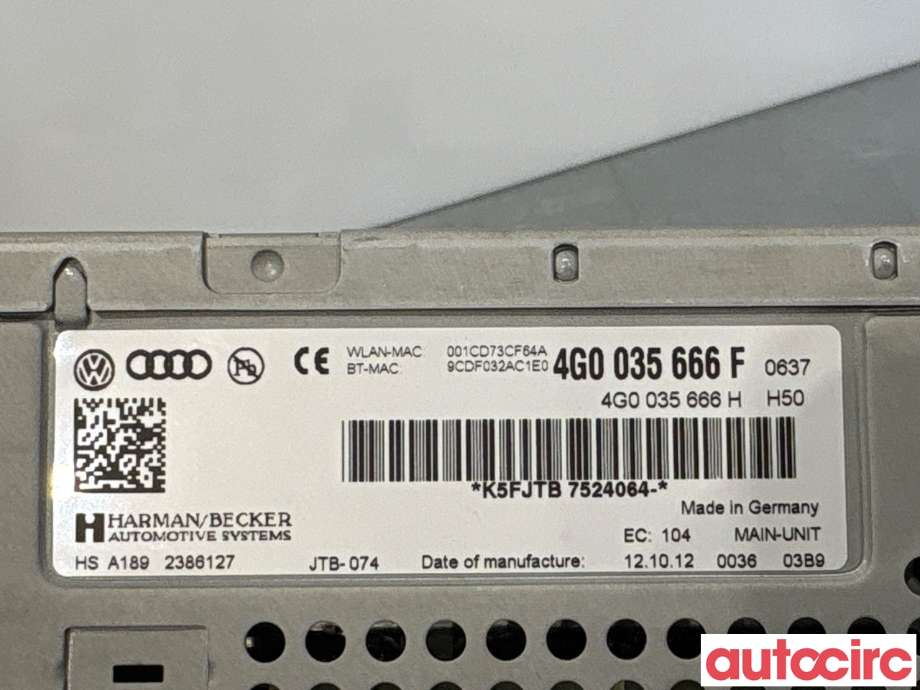 Bilstereo navigasjon til Audi A6, Allroad 2012-2014 (Type III, Fase 1) (C7) (C7) (AUDI|4G0035666F|)