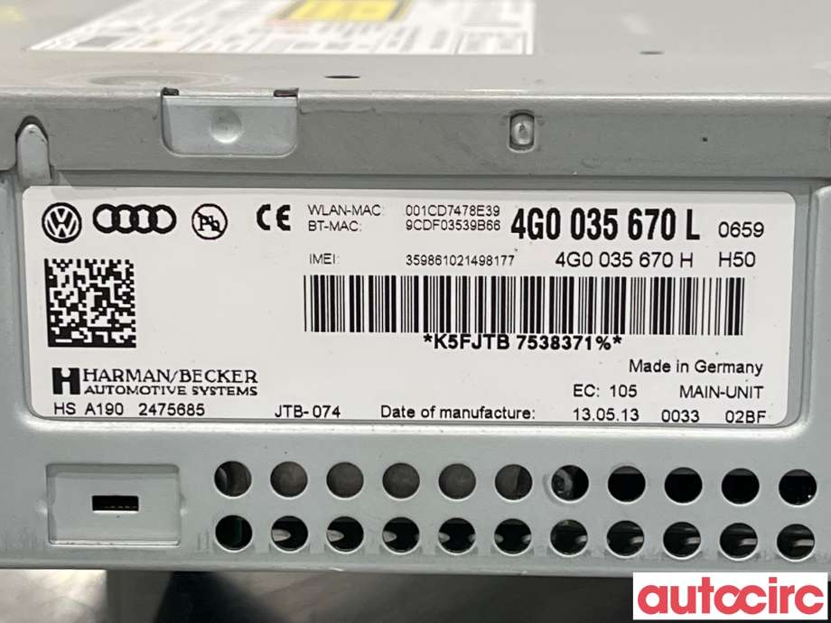 Bilstereo til Audi A6 2011-2014 (Type IV, Fase 1) (C7) (C7) (AUDI|4G0035670L|)