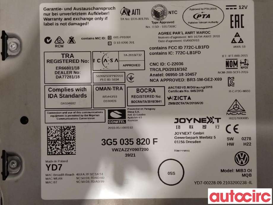 Bilstereo diverse til VW T-Cross 2019-->> (VOLKSWAGEN|3G5035820R|3G5035820F)
