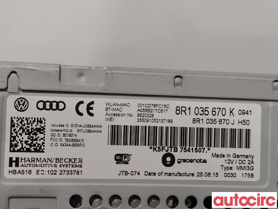 Bilstereo navigasjon til Audi Q5 2012-2017 (Type I, Fase 2)  (AUDI|8R1035670K|HBA516)