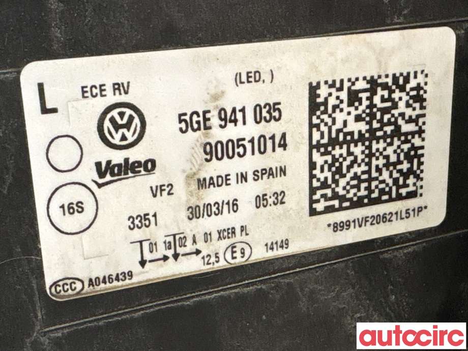 Frontlykt venstre halogen til VW e-Golf 2014-2017 (Fase 1) (VOLKSWAGEN|5GE941773|90051014|5GE941035)
