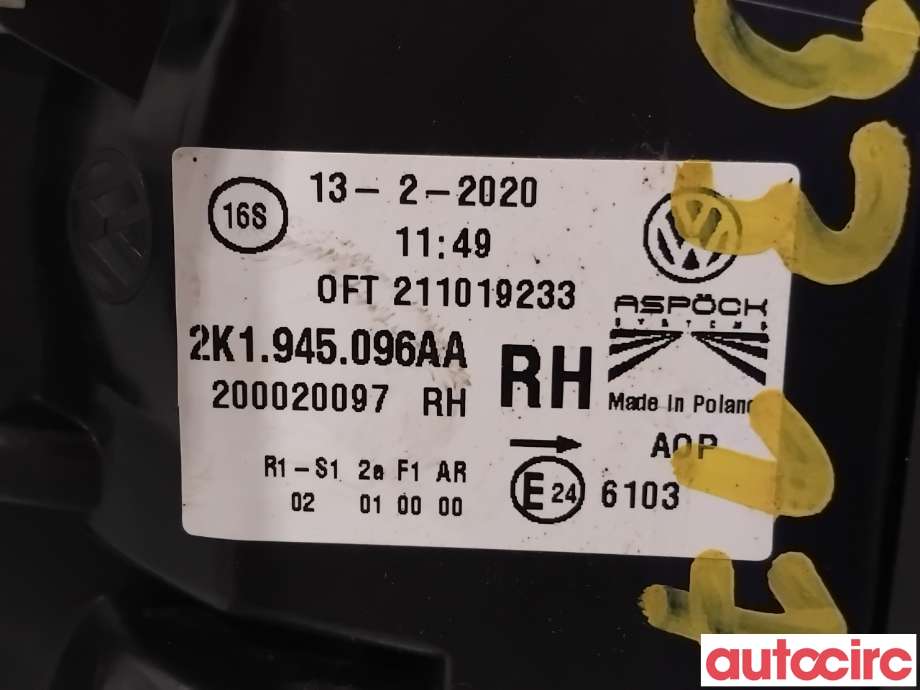 Baklykt høyre til VW Caddy 2015-2020 (Type III, Fase 3) (VOLKSWAGEN|2K1945096AA|200020097)