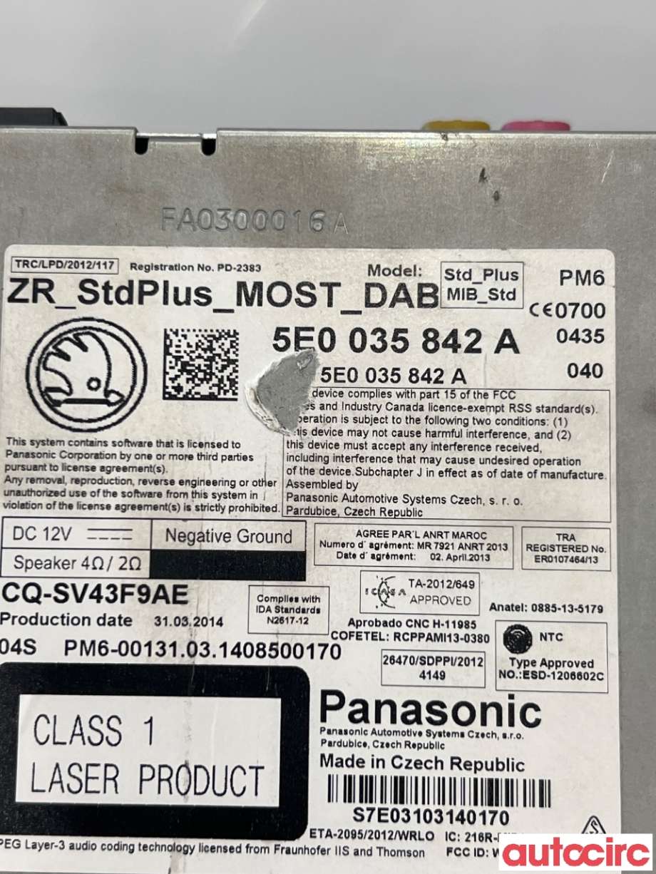 Bilstereo til Škoda Octavia 2013-2016 (Type III, Fase 1) (SKODA|5E0035842A|)