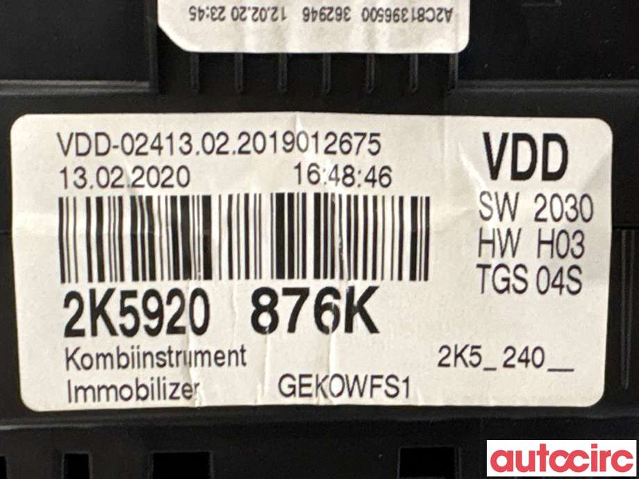 Instrumentpanel til VW Caddy 2015-2020 (Type III, Fase 3)  (VOLKSWAGEN|2K5920876KX||2K5920876K)