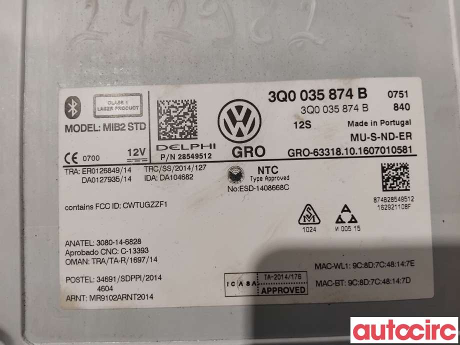 Bilstereo navigasjon til VW Tiguan 2016-2020 (Type II, Fase 1) (VOLKSWAGEN|3Q0035874BX|28549512|3Q0035874B)