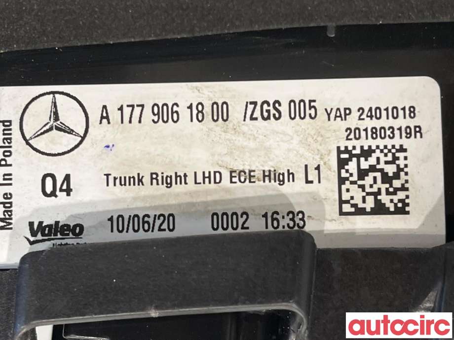 Baklykt høyre indre til Mercedes A-Klasse 2018-->> (W177) (W177) (MERCEDES|A1779061800)