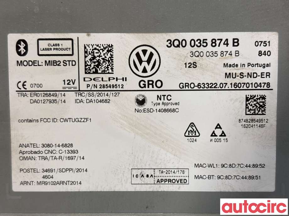 Bilstereo navigasjon til VW Passat 2015-2019 (Fase 1) (B8) (B8) (VOLKSWAGEN|3Q0035874BX||3Q0035874B)