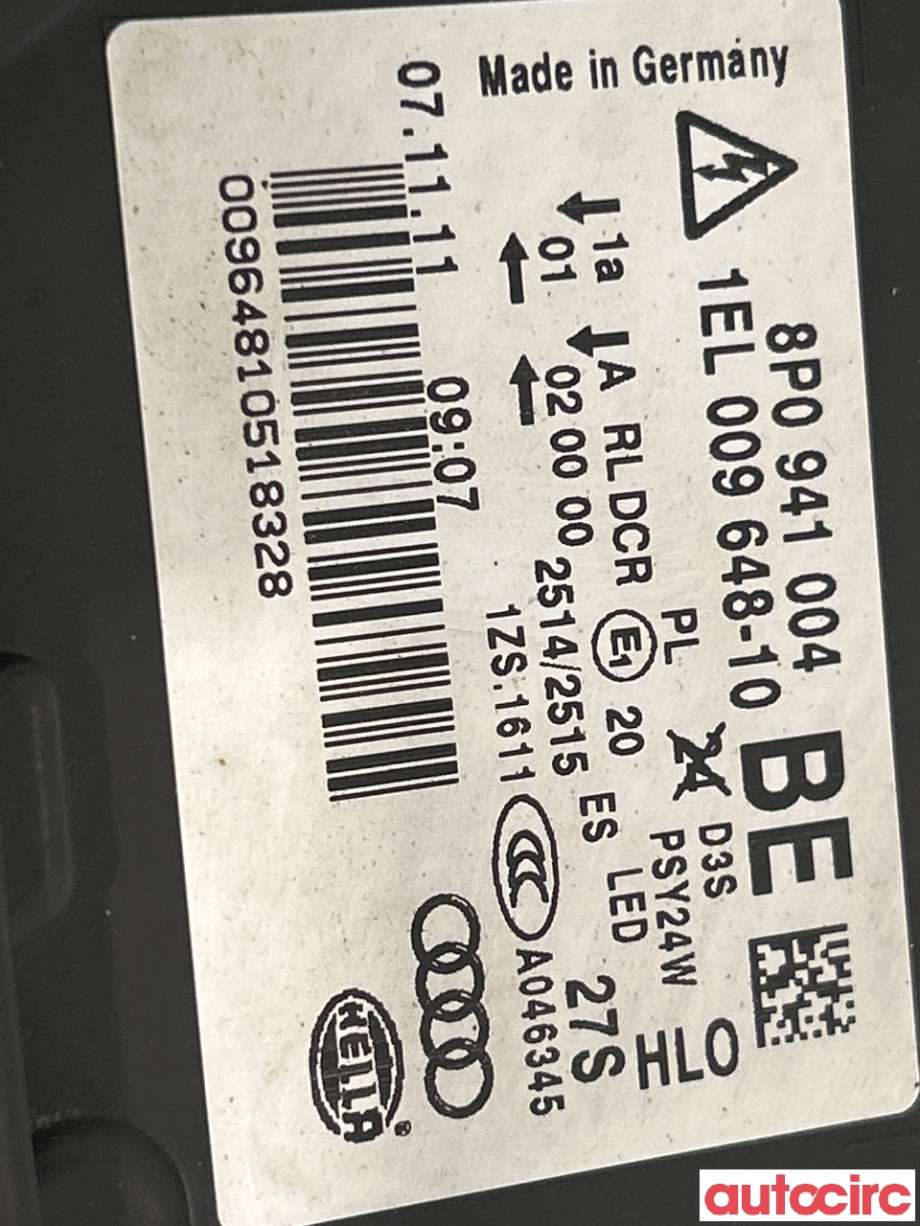 Frontlykt høyre halogen til Audi A3 2009-2012 (Type II, Fase 2) (AUDI|8P0941030BT|1EL009648-10|8P0941004BE)