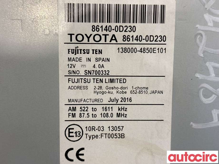 Bilstereo navigasjon til Toyota Yaris 2014-2020 (Type III, Fase 2) (TOYOTA|861400D230|138000-4850E101|86140-0D230)
