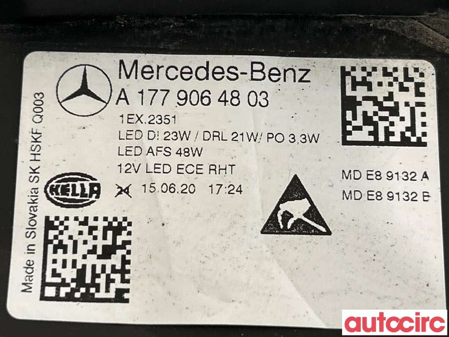Frontlykt høyre halogen til Mercedes A-Klasse 2018-->> (W177) (W177) (MERCEDES|A1779060201|MDE89132A|A1779064803)