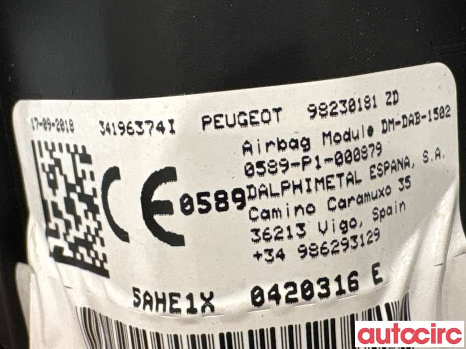 Airbag rattpute til Peugeot 5008 2017-->> (Type II)  (PEUGEOT|98230181ZD|)