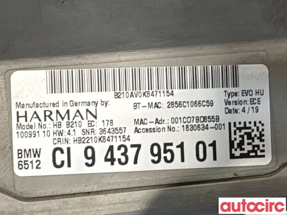Bilstereo navigasjon til BMW 5-Serie 2017-->> (G30/G31) (G30/G31) (BMW|65125B52180|HBB210|65129437951)