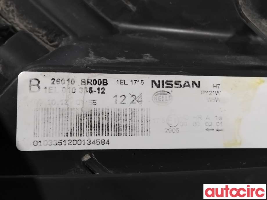 Frontlykt høyre halogen til Nissan Qashqai 2010-2014 (Type I, Fase 2)  (NISSAN|26010BR00B|1EL010335-12)