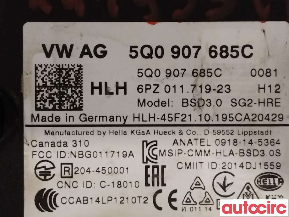 Sensor radar til VW e-Golf 2017-2020 (Fase 2) (VOLKSWAGEN|5Q0907685C|6PZ011719-23)