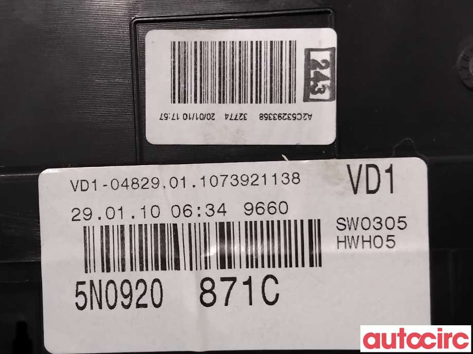 Instrumentpanel til VW Tiguan 2007-2011 (Type I, Fase 1) (VOLKSWAGEN|5N0920871CX|A2C53293358|5N0920871C)