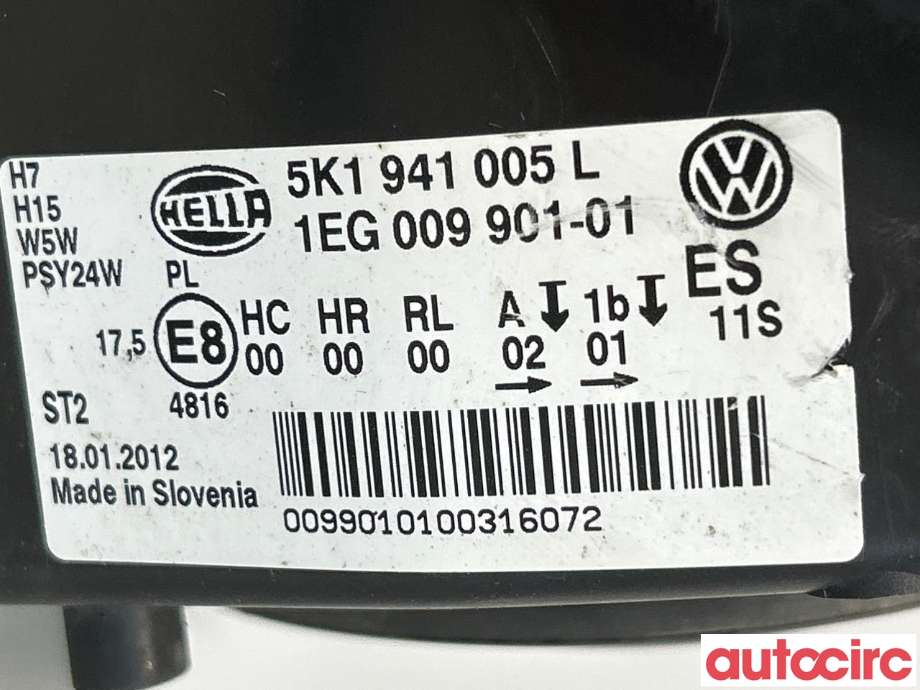 Frontlykt venstre halogen til VW Golf VI 2008-2012  (VOLKSWAGEN|5K1941005L|)