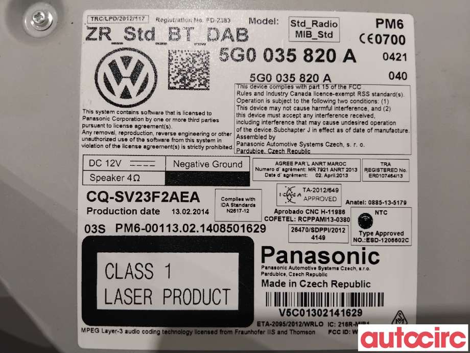 Bilstereo til VW Golf VII 2012-2017 (Fase 1)  (VOLKSWAGEN|5G0035820AX|CQ-SV23F2AEA|5G0035820A)