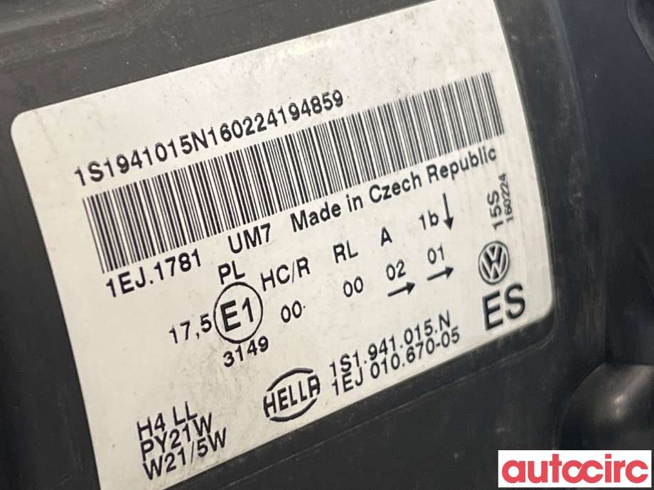 Frontlykt venstre halogen til VW E-Up 2013-2019  (VOLKSWAGEN|1S1941015N)