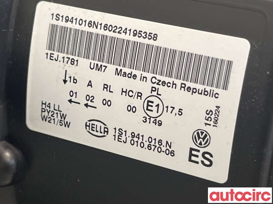Frontlykt høyre halogen til VW E-Up 2013-2019 (VOLKSWAGEN|1S1941016N|1S1941016L)