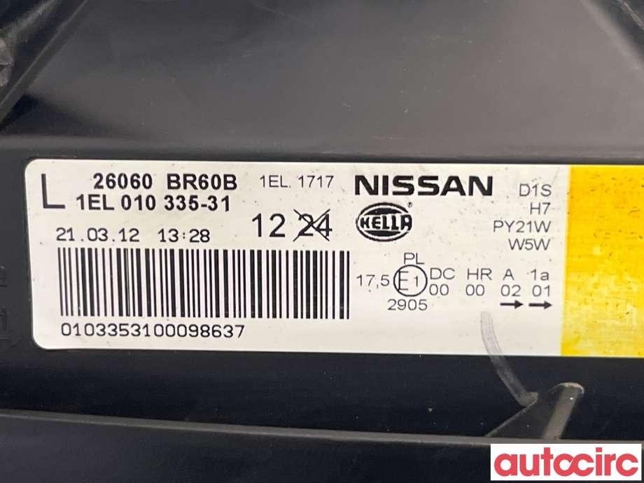 Frontlykt venstre halogen til Nissan Qashqai 2010-2014 (Type I, Fase 2)  (NISSAN|26060BR60B)