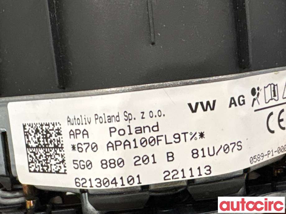 Airbag rattpute til VW Golf VII 2012-2017 (Fase 1)  (VOLKSWAGEN|5G0880201C|621304101|5G0880201S)