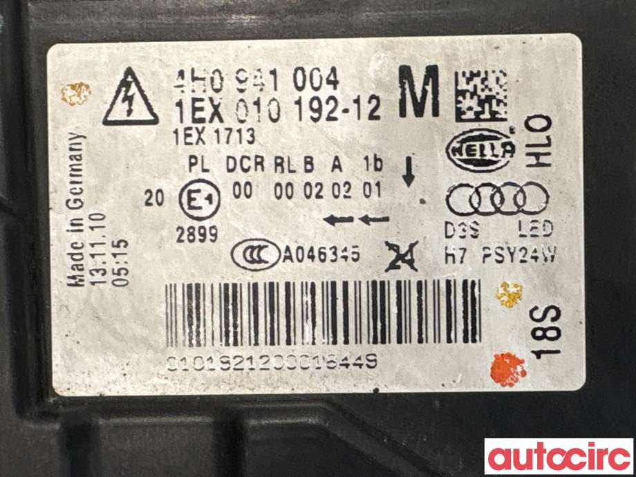 Frontlykt høyre halogen til Audi A8 2010-2013 (Type III, Fase 1) (AUDI|4H0941030M|1EX010192-12|4H0941030BM)