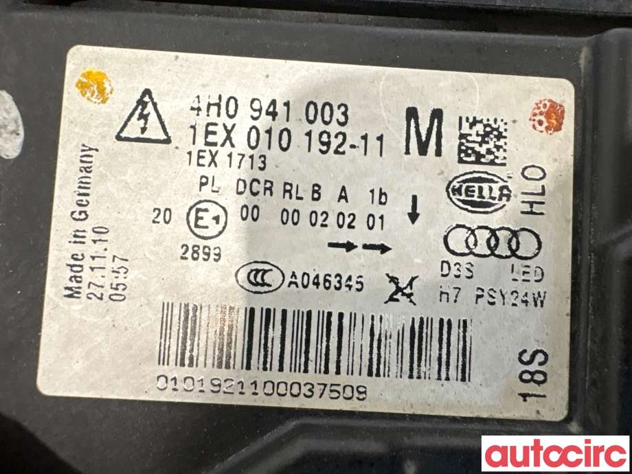 Frontlykt venstre halogen til Audi A8 2010-2013 (Type III, Fase 1)  (AUDI|4H0941029M|1EX010192-11|4H0941029BM)