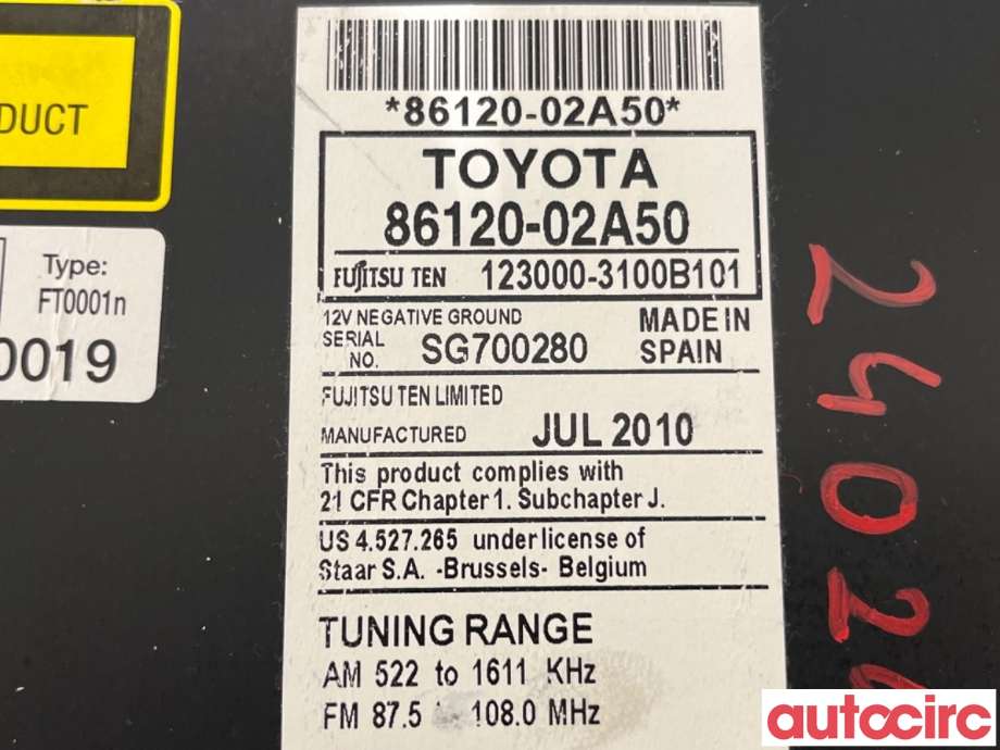 Bilstereo til Toyota Auris 2010-2012 (Type I, Fase 2)  (TOYOTA|8612002A50|123000-3100B101|86120-02A50)