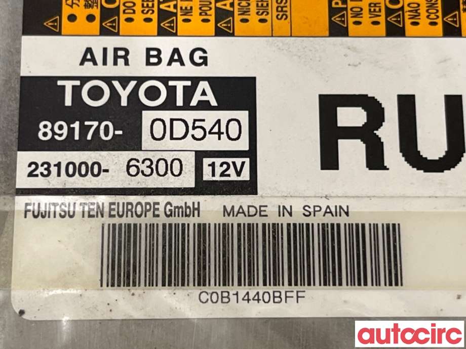 Airbag elektronikk til Toyota Yaris 2012-2014 (Type III, Fase 1)  (TOYOTA|891700D540|231000-6300|89170-0D540)