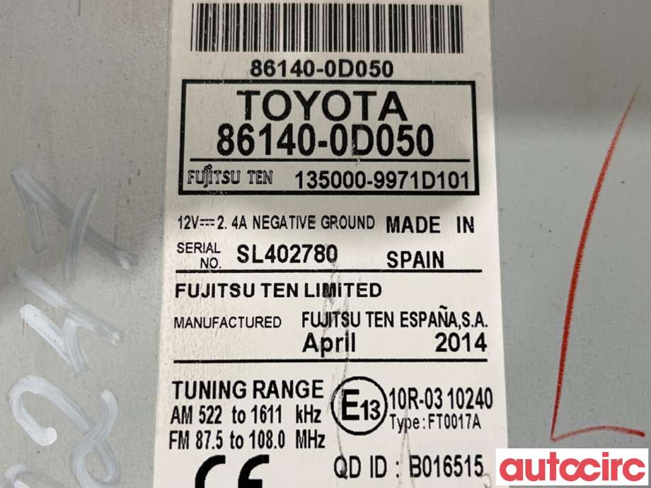 Bilstereo til Toyota Yaris 2012-2014 (Type III, Fase 1)  (TOYOTA|861400D050|135000-9971D101|86140-0D050)