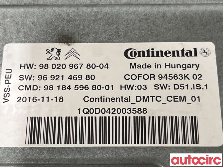 Styreenhet tenning til Peugeot Partner 2015-2019 (Type II, Fase 2)  (PEUGEOT|9818459680|94563K|9802096780)